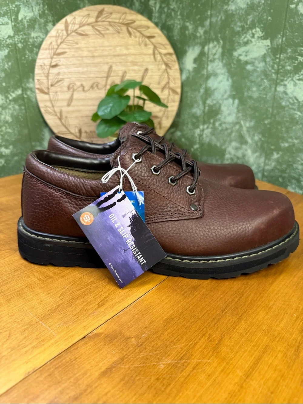 Dr. Scholl's Harrington Mens Slip Resistant Brown Leather Oxford Work Shoes
